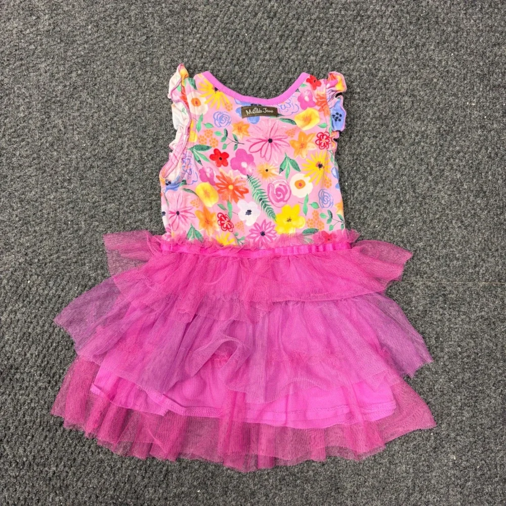 Matilda Jane Girls Floral Tulle Tutu Dress Pink Flutter Sleeve Size 2